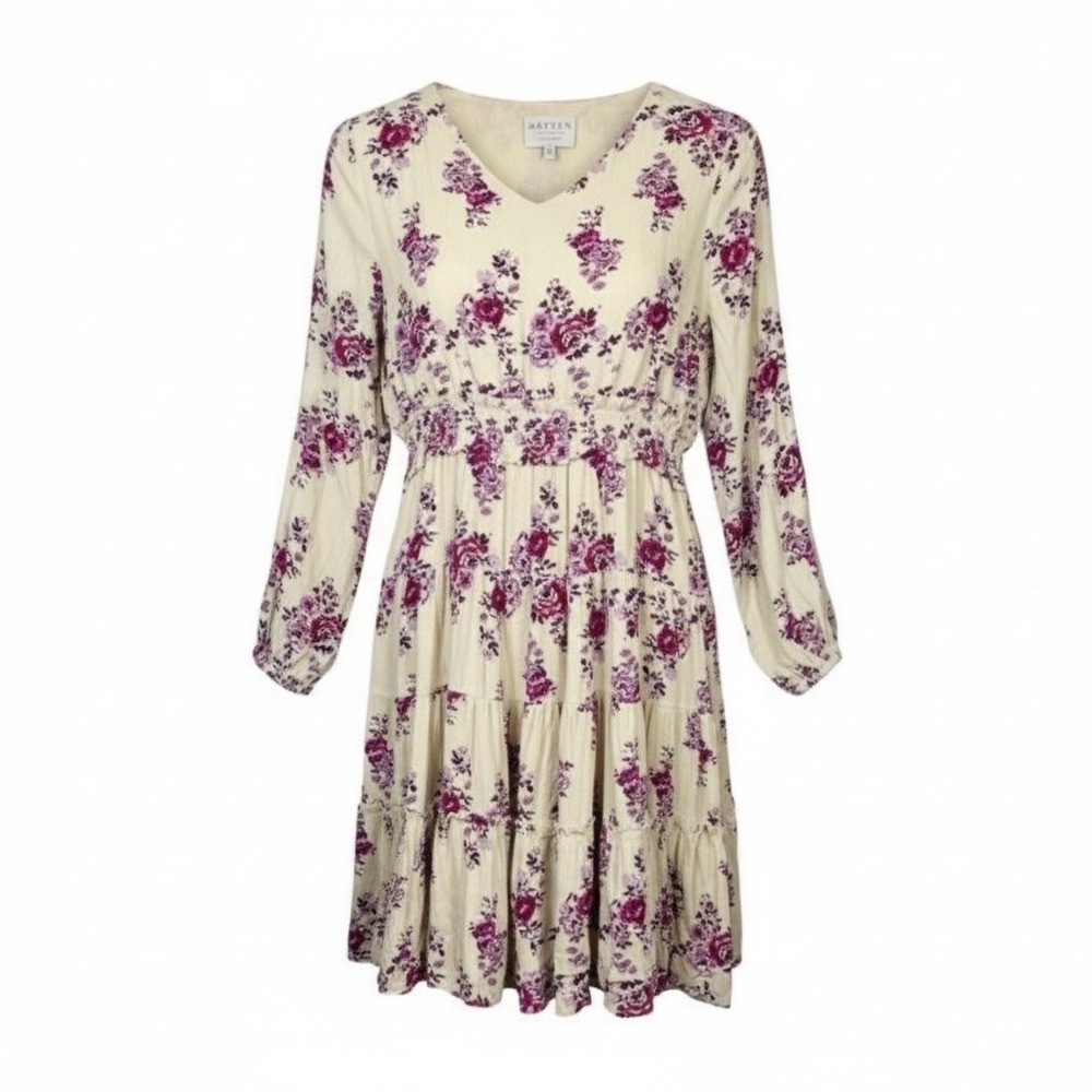 Hayden Los Angeles Purple Floral Tiered Smocked Waist Rayon Dress Medium Boho